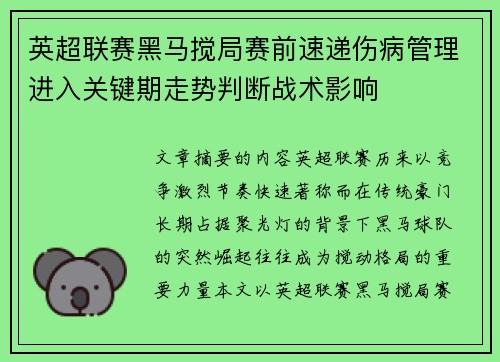 英超联赛黑马搅局赛前速递伤病管理进入关键期走势判断战术影响 英超联赛黑马搅局赛前速递伤病管理进入关键期走势判断战术影响